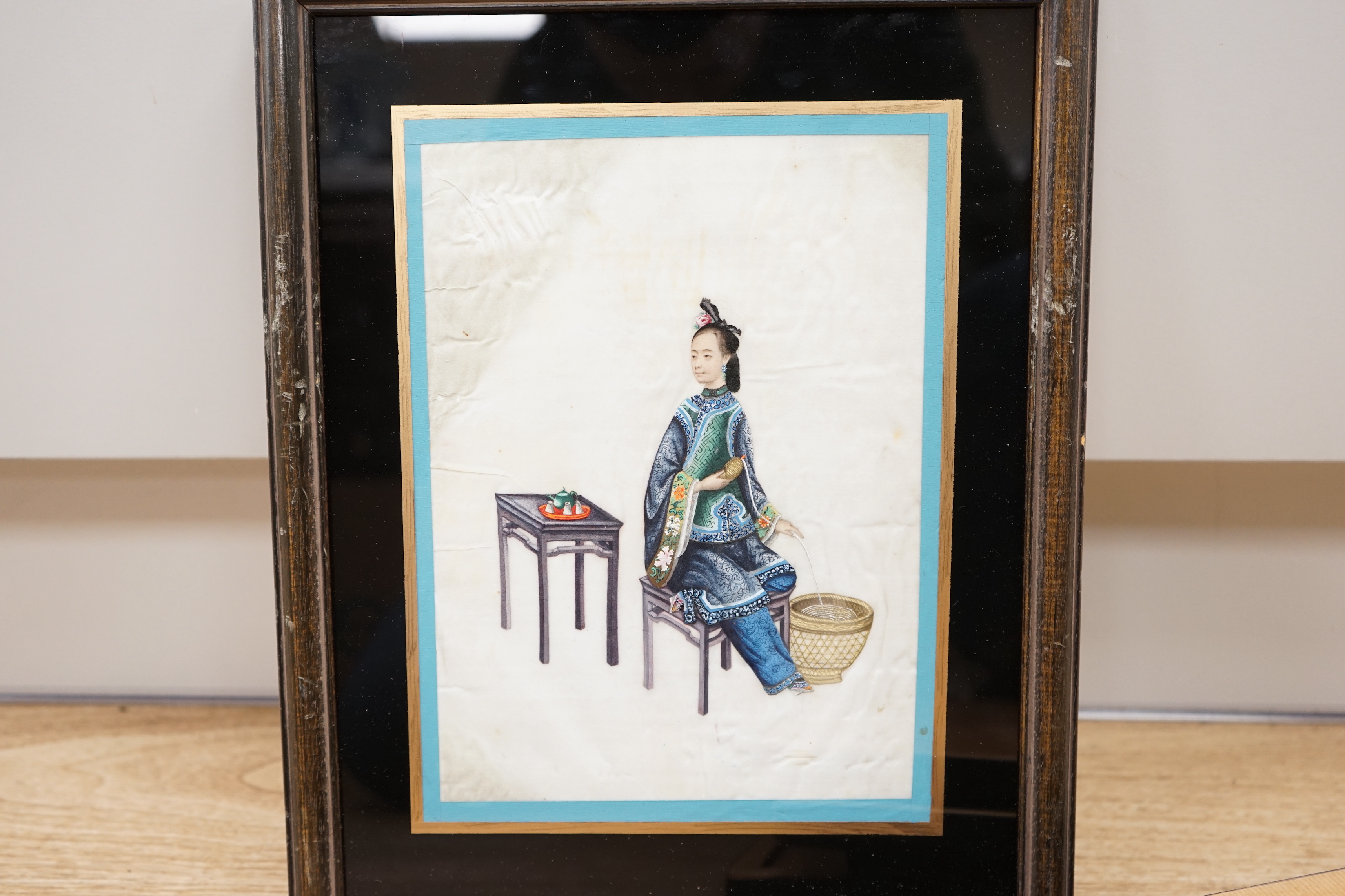 19th century Chinese School, set of six pith paper paintings, 'Ladies at work', 23.5 x 16.5cm